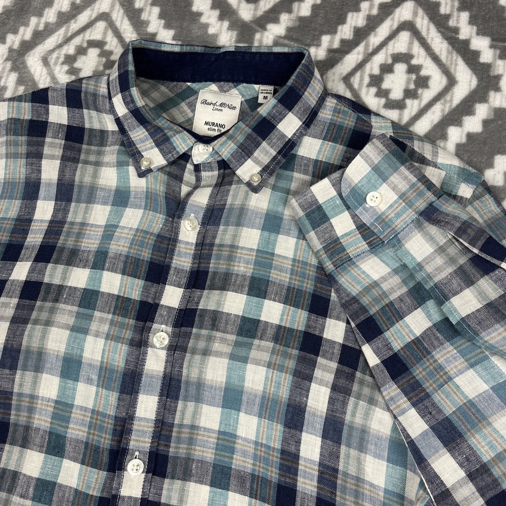 Baird McNutt‎ Shirt Mens M Plaid Slim Fit Button Up Linen Long Sleeve Murano